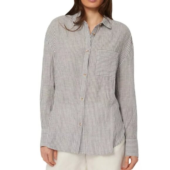 ONIA Air Linen Striped Long-Sleeve Boyfriend Shirt, Deep Navy Blue/White - Picture 1 of 2